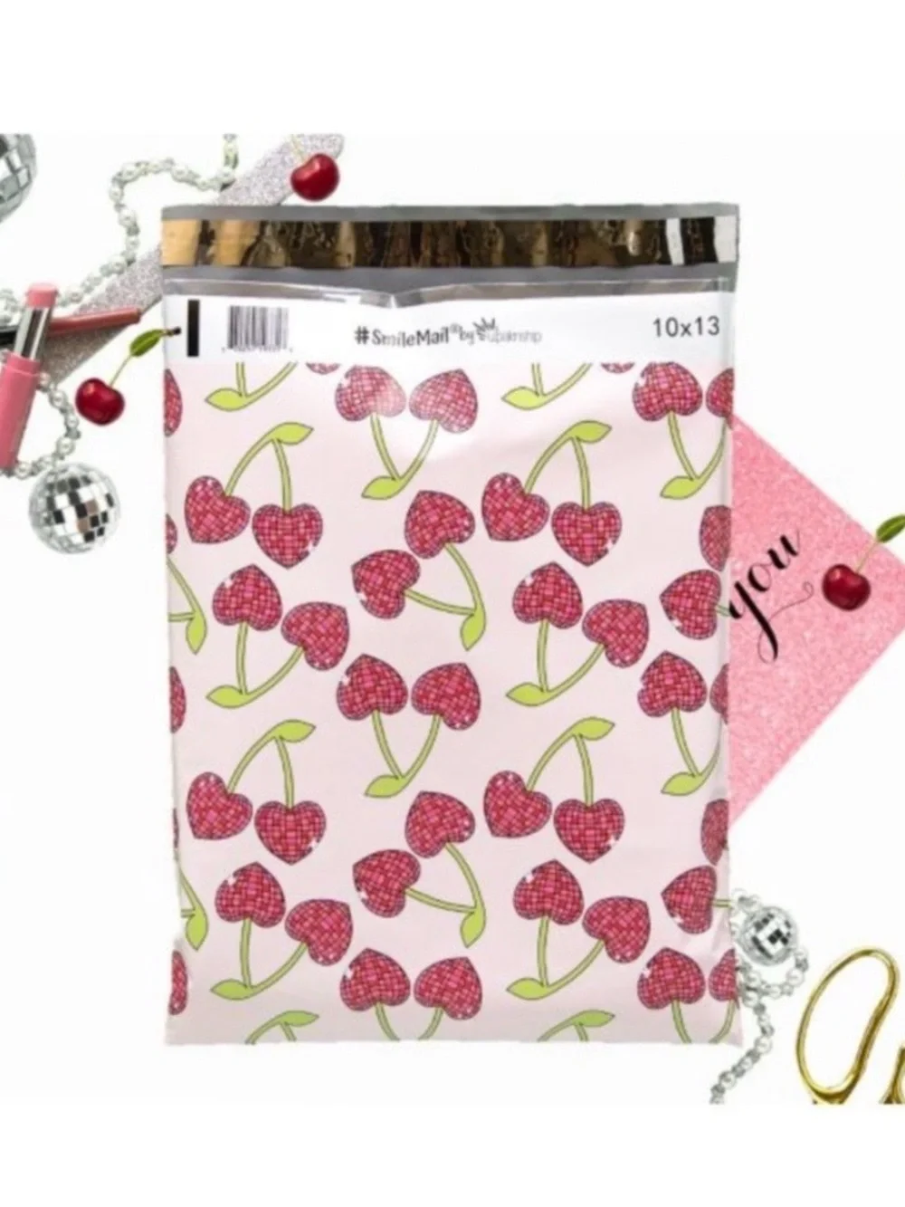 10 (14.5” x 19”) XXL Pink with Cherry Hearts Poly Mailers Poly Bags Shipping